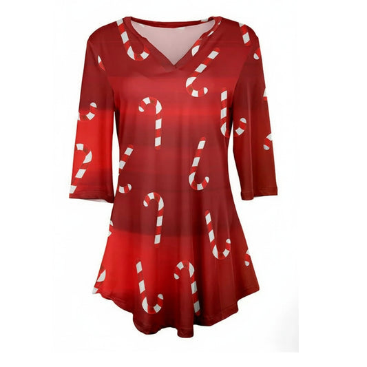 Lily by Firmiana Women's 3/4 Sleeve Notch Neck Tunic Red & White Candy Cane Holiday Print