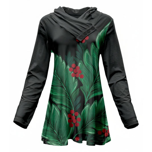 Lily by Firmiana Women's Long Sleeve Cowl Neck Tunic with Pockets. Lily by Firmiana Women's Long Sleeve Cowl Neck Tunic with Pockets Black & Green Palm Leaf Holiday Print