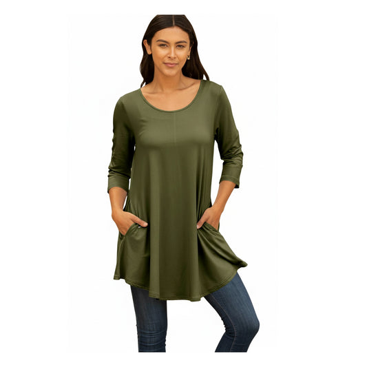 Lily by Firmiana Women's Round Hem Tunic with ¾ Length Sleeves and Side Pockets Solid Olive Green