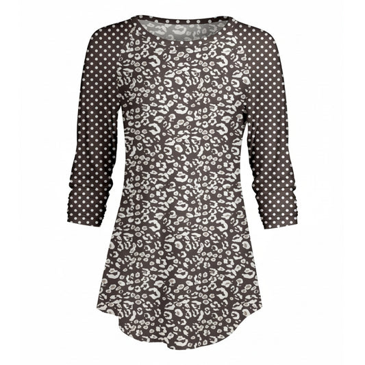 Lily by Firmiana Women’s ¾ Sleeve Scoop Neck Tunic Top Grey and White Leopard