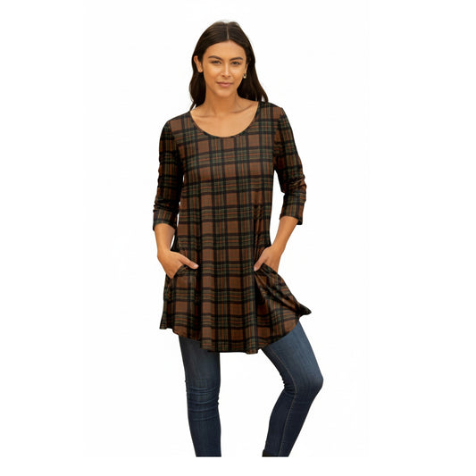 Lily by Firmiana Women's Round Hem Tunic with ¾ Length Sleeves and Side Pockets Brown and Black Plaid