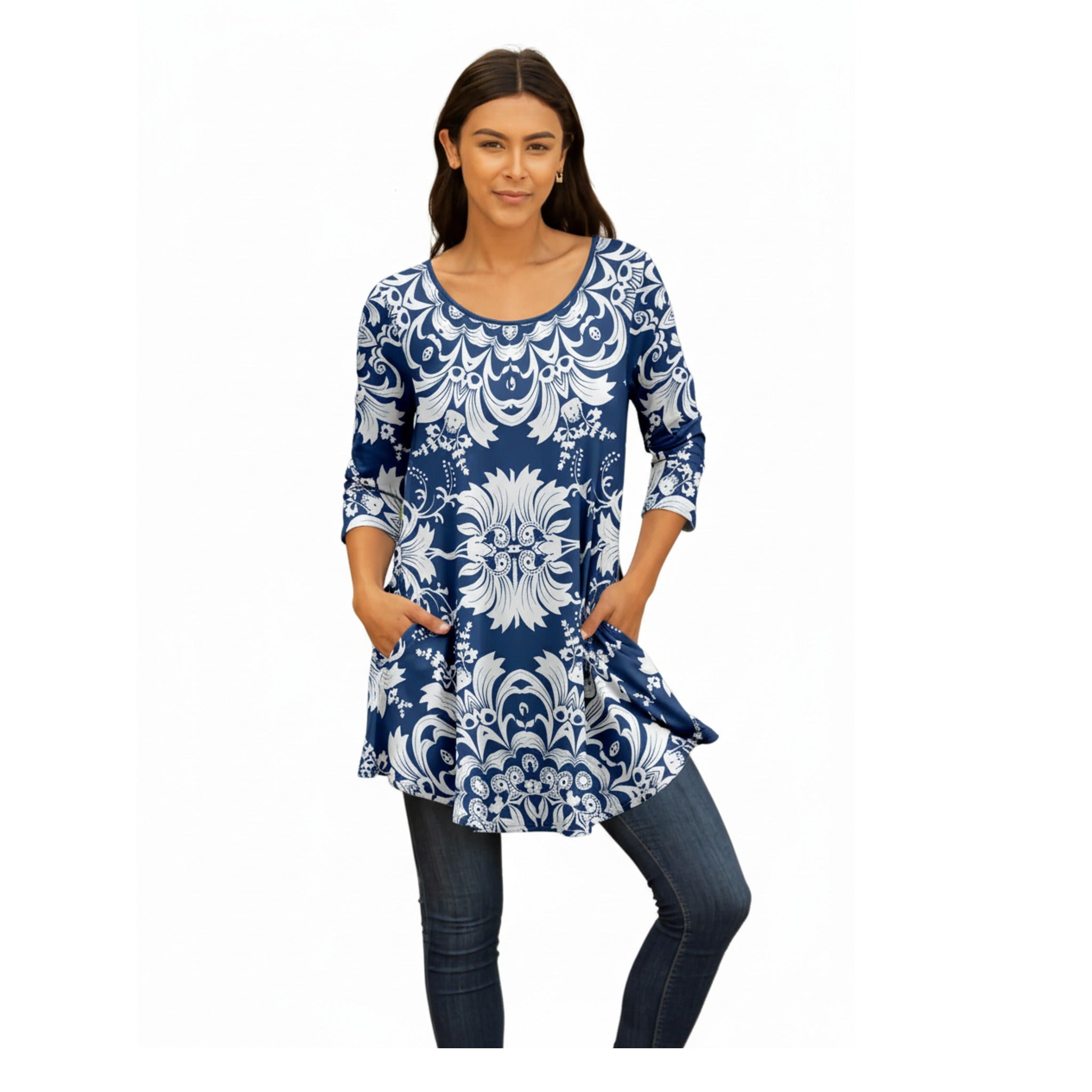 Lily by Firmiana Women's Round Hem Tunic with ¾ Length Sleeves and