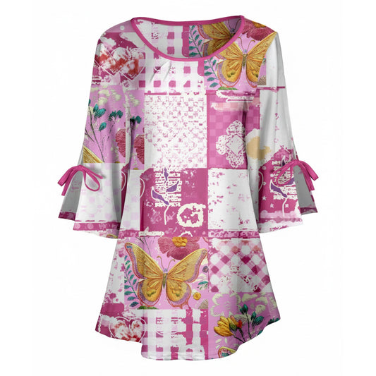 Lily by Firmiana Women's Round Neck Tunic with Split Hem ¾ Sleeves and Tie Detail Pink Butterfly Patchwork
