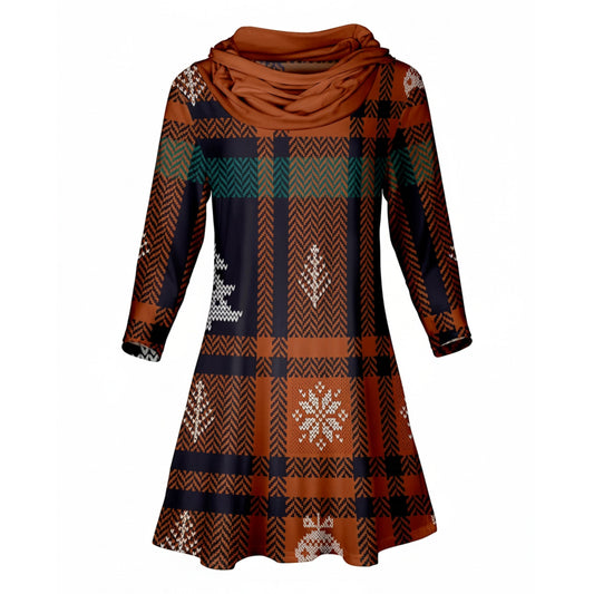 Lily by Firmiana Women’s Long Sleeve Cowl Neck Plaid Tunic Dress Brown & Teal Plaid Tunic Dress