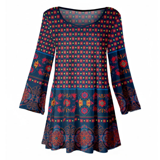 Lily by Firmiana Women's Bracelet Length Tunic with Round Neckline Red and Blue Bohemian Border