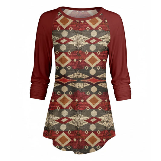 Lily by Firmiana Women’s ¾ Sleeve Scoop Neck Tunic Top Red & Tan Aztec Pattern