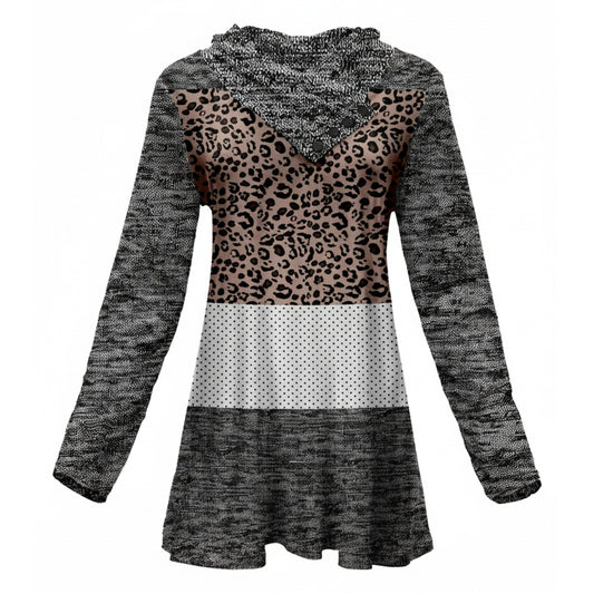 Lily by Firmiana Women's Shawl Neck Tunic with 4-Button Placket and Long Sleeves Leopard and Heathered Grey