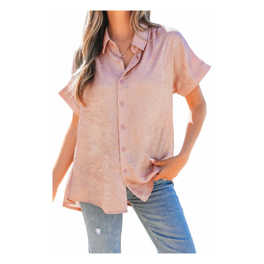 Kiana Metallic Buttoned Loose Fit Short Sleeve Shirt by Threaded Pear