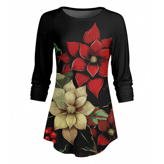 Lily by Firmiana Women’s ¾ Sleeve Scoop Neck Tunic Top Poinsettia Floral Print