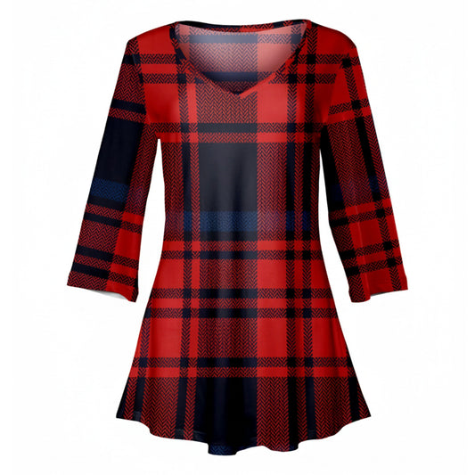 Lily by Firmiana Women's ¾ Sleeve V-Neck Tunic Red & Navy Plaid Holiday Print