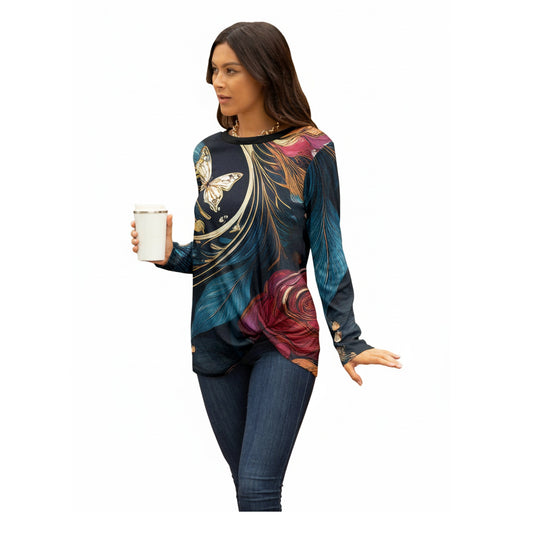 Lily by Firmiana Women's Long Sleeve Round Neck Tunic with Twist Front Hem Heather Gray & Stripe Mix