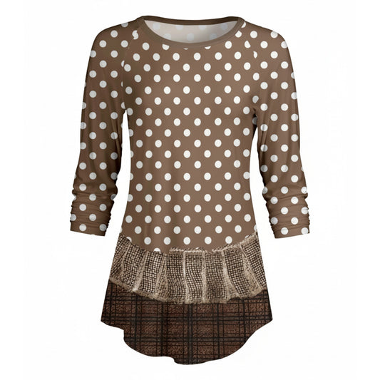 Lily by Firmiana Women’s ¾ Sleeve Scoop Neck Tunic Top Taupe Polka Dot Border