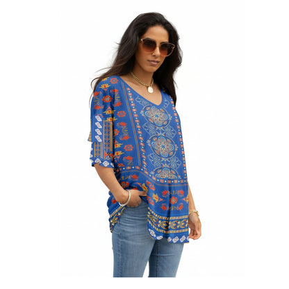 Lily by Firmiana Women's Double Sleeve V-Neck Tunic Blue & Red Boho Mix