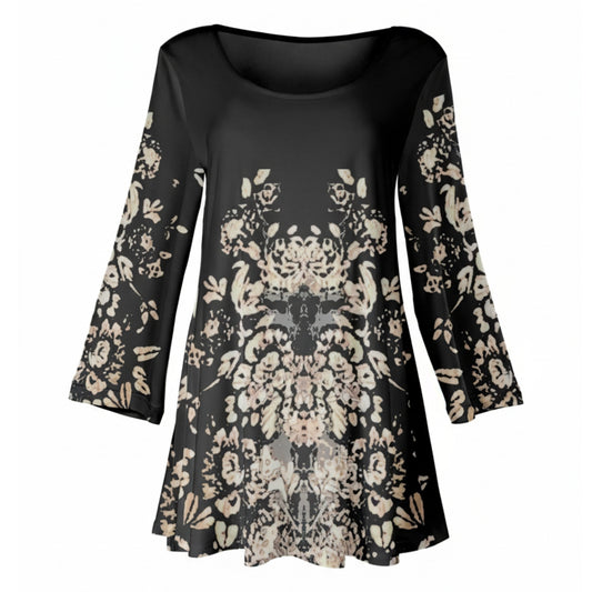 Lily by Firmiana Women's Bracelet Length Tunic with Round Neckline Champagne and Black Geometric Print