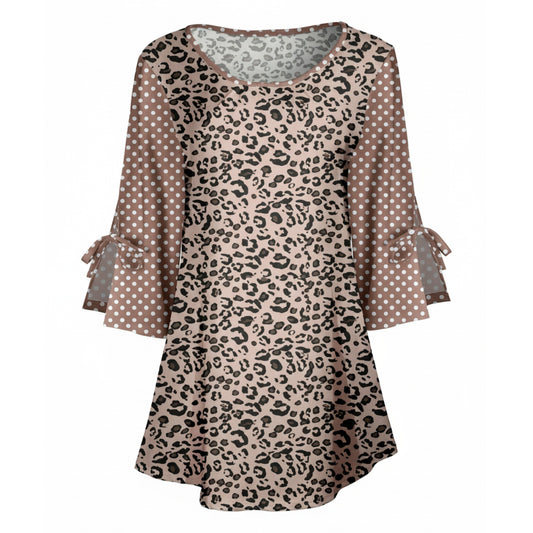 Lily by Firmiana Women's Round Neck Tunic with Split Hem ¾ Sleeves and Tie Detail Tan & Brown Leopard