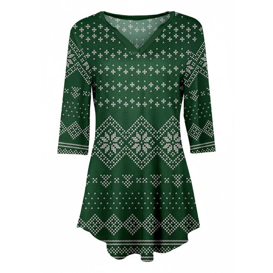 Lily by Firmiana Women's 3/4 Sleeve Notch Neck Tunic Emerald Fair Isle Holiday Sweater Print