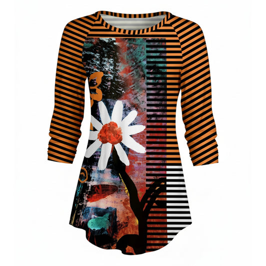 Lily by Firmiana Women’s ¾ Sleeve Scoop Neck Tunic Top Orange & Black Daisy Stripe