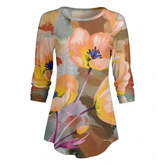 Lily by Firmiana Women’s ¾ Sleeve Scoop Neck Tunic Top Orange & Brown Daisy Floral