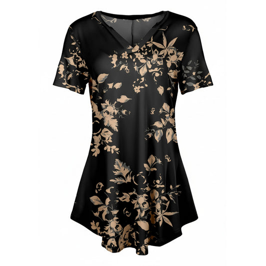Lily by Firmiana Women's Short Sleeve Notch Neck Tunic Champagne and Black Floral