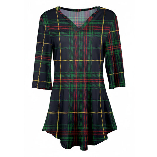 Lily by Firmiana Women's 3/4 Sleeve Notch Neck Tunic Navy & Green Plaid Holiday Print