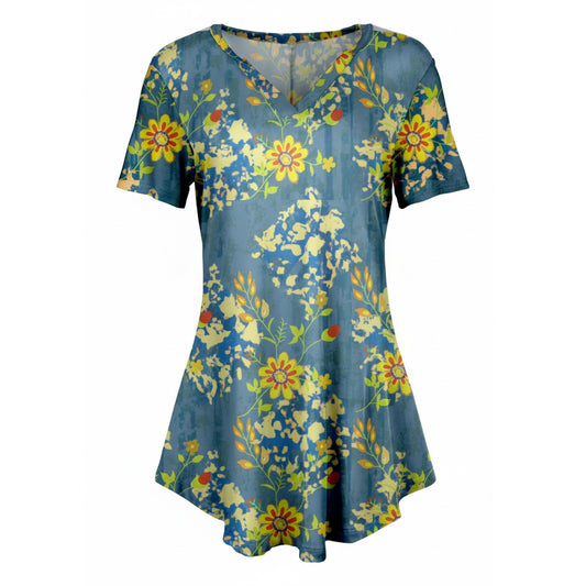 Lily by Firmiana Women's Short Sleeve Notch Neck Tunic Blue and Yellow Floral