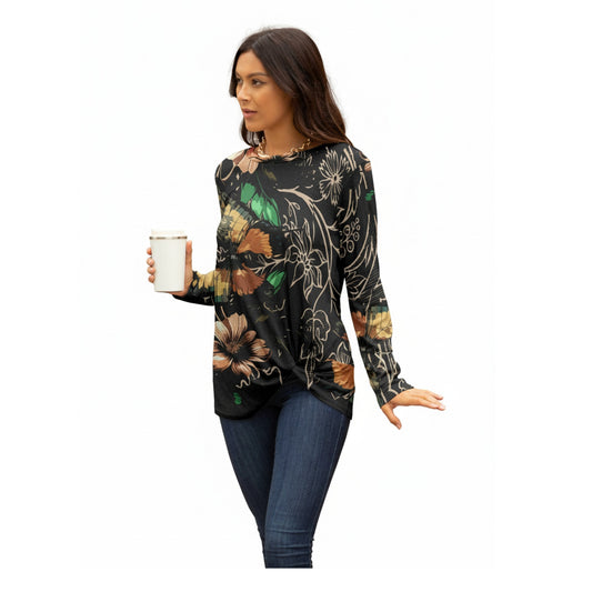 Lily by Firmiana Women's Long Sleeve Round Neck Tunic with Twist Front Hem Black & Olive Leaf Floral Print