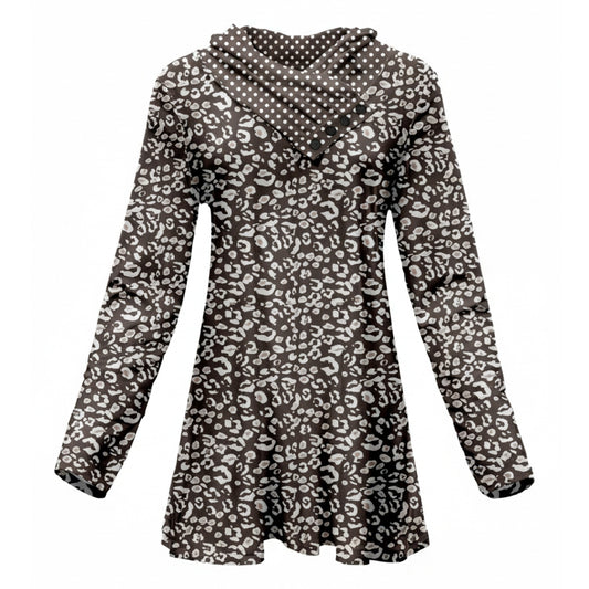 Lily by Firmiana Women's Shawl Neck Tunic with 4-Button Placket and Long Sleeves Brown and White Leopard and Polka Dot