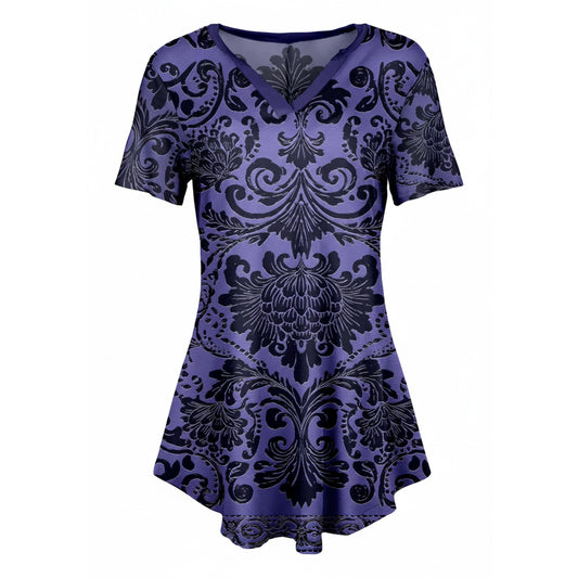 Lily by Firmiana Women's Short Sleeve Notch Neck Tunic Black and Purple Flourish