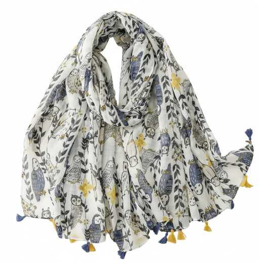 Whimsical Owl Print Tassel Scarf