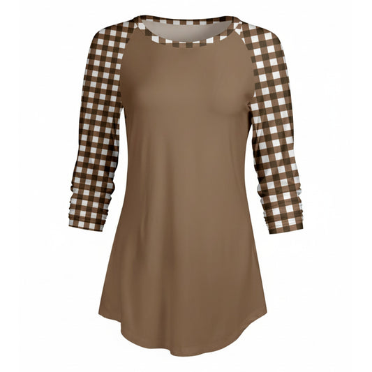 Lily by Firmiana Women’s ¾ Sleeve Scoop Neck Tunic Top Brown & White Plaid Print