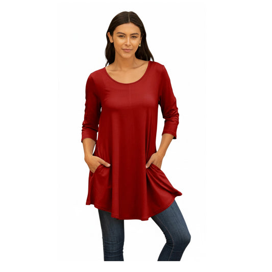Lily by Firmiana Women's Round Hem Tunic with ¾ Length Sleeves and Side Pockets Solid Red