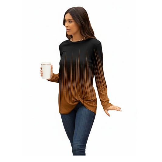 Lily by Firmiana Women's Long Sleeve Tunic with Twist Hem Black and Brown Geometric Print