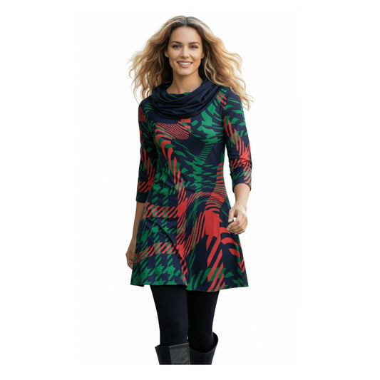 Lily by Firmiana Women’s Long Sleeve Cowl Neck Plaid Tunic Dress Green & Red Plaid