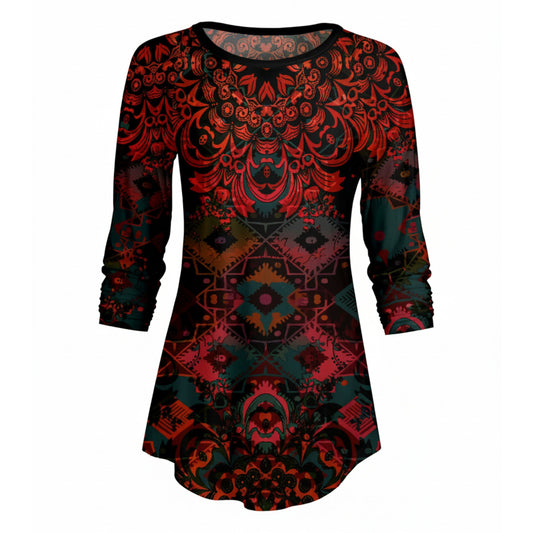 Lily by Firmiana Women’s ¾ Sleeve Scoop Neck Tunic Top Red & Black Baroque Holiday