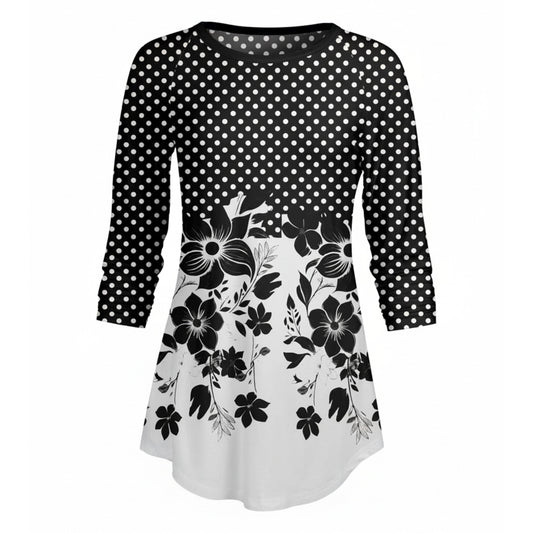 Lily by Firmiana Women’s ¾ Sleeve Scoop Neck Tunic Top Black & White Floral Hem