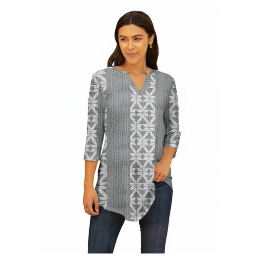 Lily by Firmiana Women's 3/4 Sleeve Notch Neck Tunic Gray Sweater Print