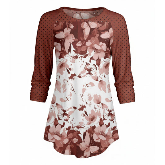 Lily by Firmiana Women’s ¾ Sleeve Scoop Neck Tunic Top Brown & Cream Floral Border