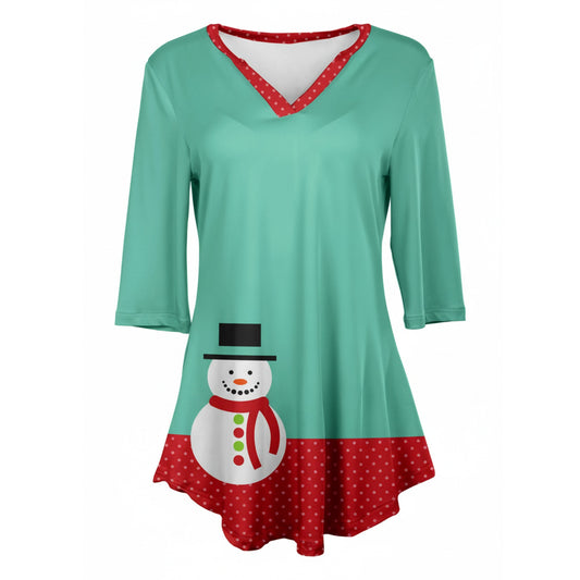 Lily by Firmiana Women's 3/4 Sleeve Notch Neck Tunic Aqua Snowman Holiday Top