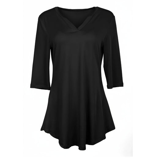 Lily by Firmiana Women's 3/4 Sleeve Notch Neck Tunic Solid Black