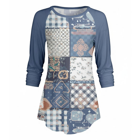 Lily by Firmiana Women’s ¾ Sleeve Scoop Neck Tunic Top Blue & Beige Patchwork