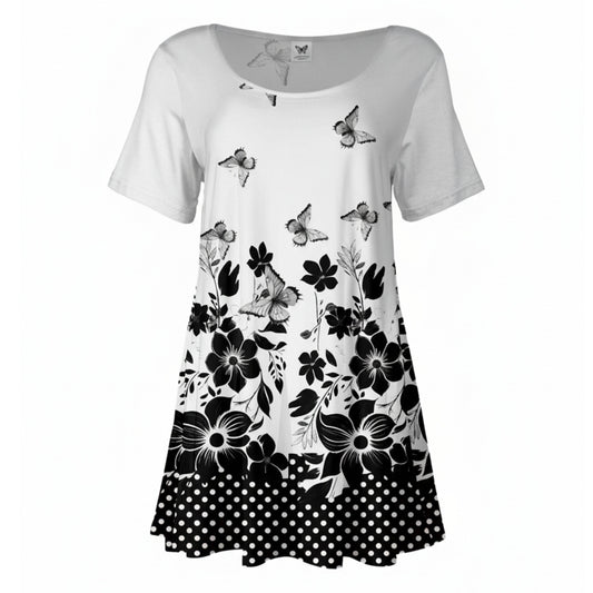 Lily by Firmiana Women's Short Sleeve Round Neck Tunic White & Black Floral Border