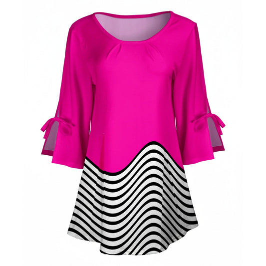 Lily by Firmiana Women's Round Neck Tunic with Split Hem ¾ Sleeves and Tie Detail Black & Fuchsia Colorblock Stripe