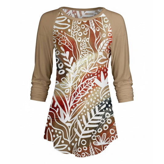 Lily by Firmiana Women’s ¾ Sleeve Scoop Neck Tunic Top Tan & Red Floral Vine Print