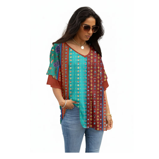 Lily by Firmiana Women's Double Sleeve V-Neck Tunic Green & Rust Stripe Floral