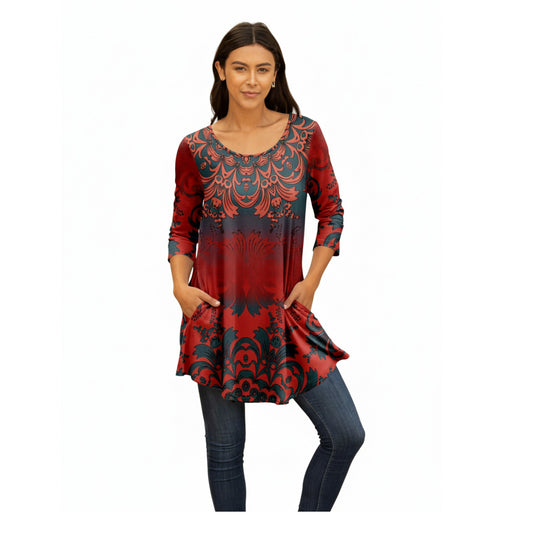 Lily by Firmiana Women's Round Hem Tunic with ¾ Length Sleeves and Side Pockets Red and Navy Blue Floral