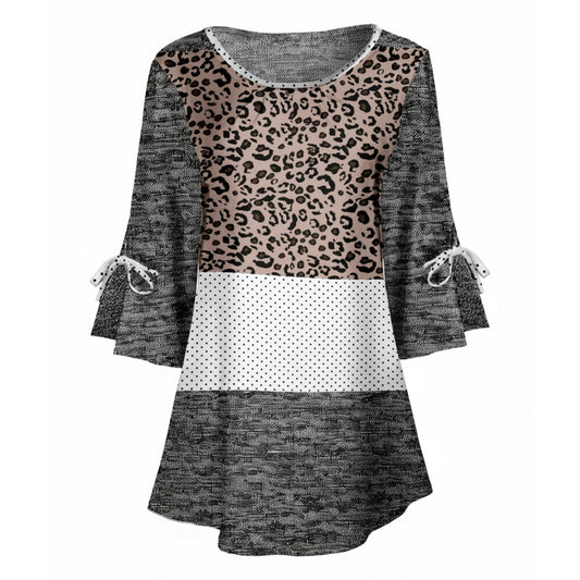 Lily by Firmiana Women's Round Neck Tunic with Split Hem ¾ Sleeves and Tie Detail Heather Gray & Leopard Patchwork