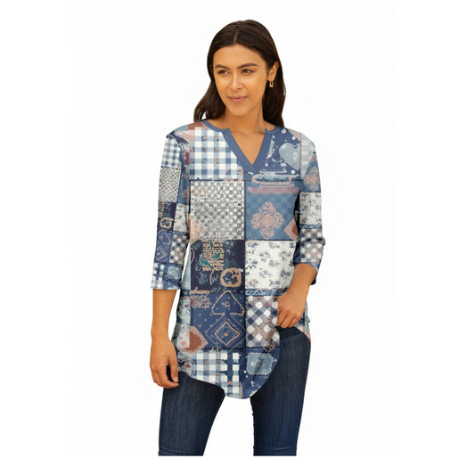 Lily by Firmiana Women's 3/4 Sleeve Notch Neck Tunic Blue Patchwork