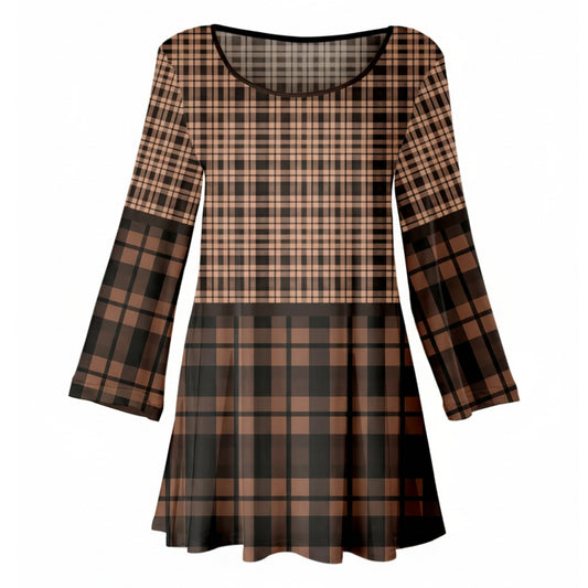 Lily by Firmiana Women’s Long Sleeve Scoop Neck Flared Hem Tunic Brown & Black Plaid Tunic