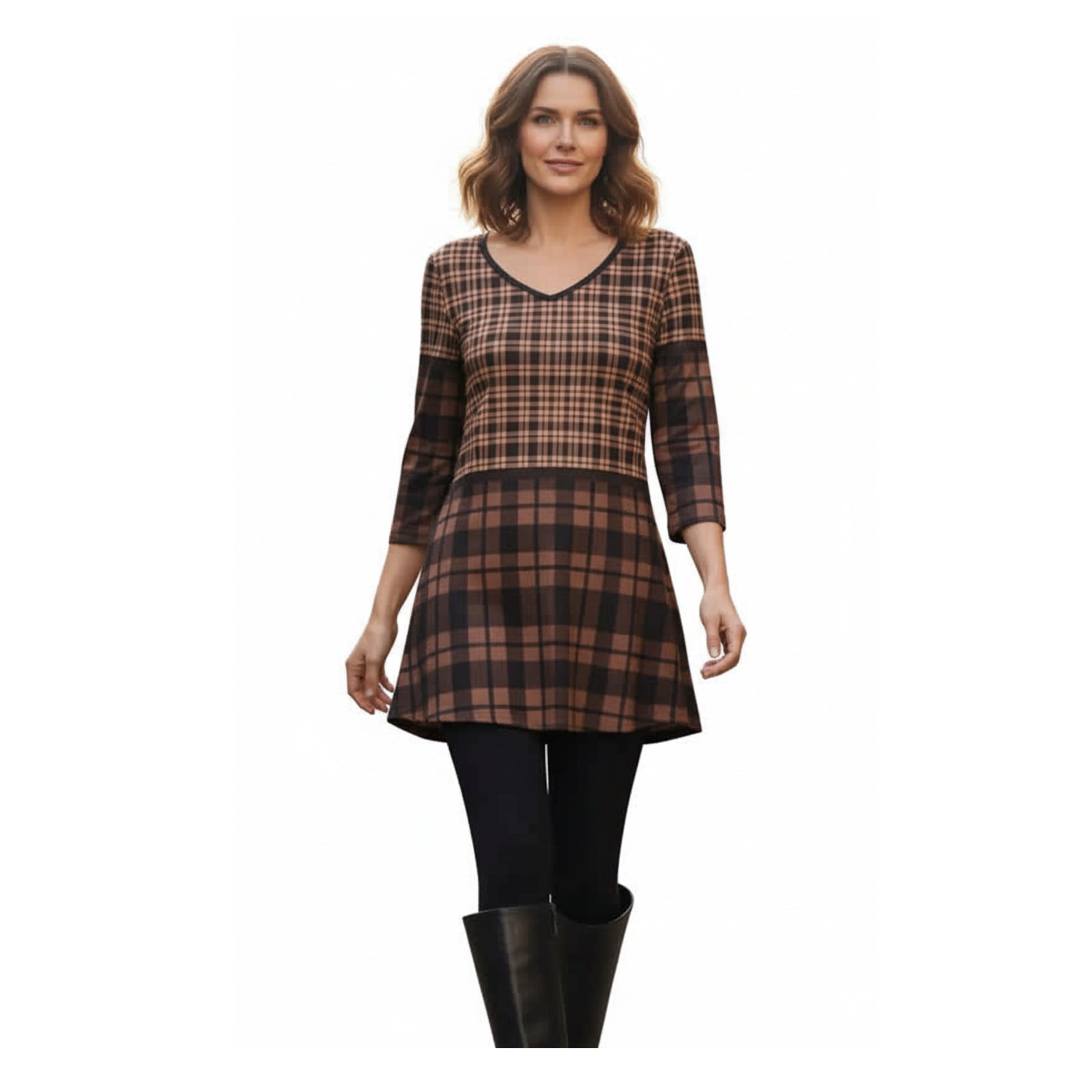 Lily by Firmiana Women's ¾ Sleeve V-Neck Tunic Brown & Black Plaid Holiday Tunic Brown & Black Plaid Holiday Tunic / 1XL