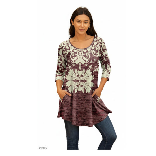 Lily by Firmiana Women's Round Hem Tunic with ¾ Length Sleeves and Side Pockets Lavender and White Floral